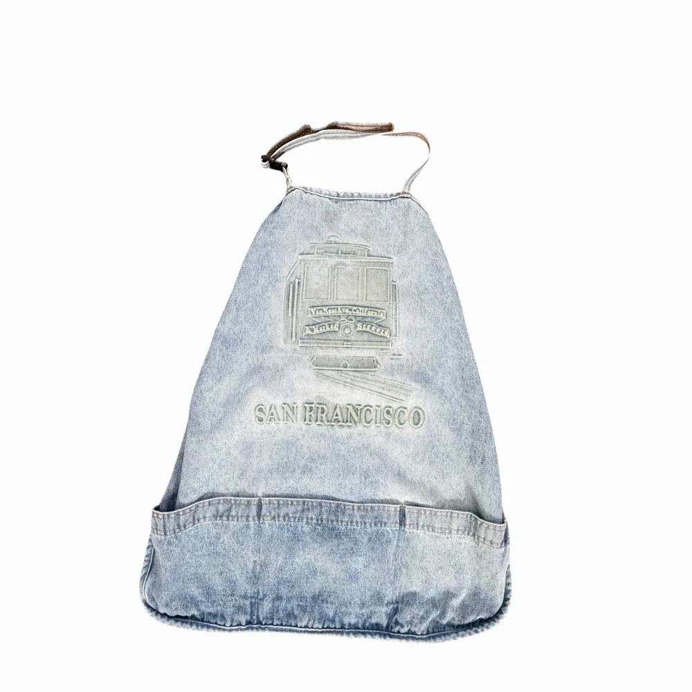 Vintage 90's San Francisco Cable Car Embossed Denim Apron USA Cooking BBQ Chef
